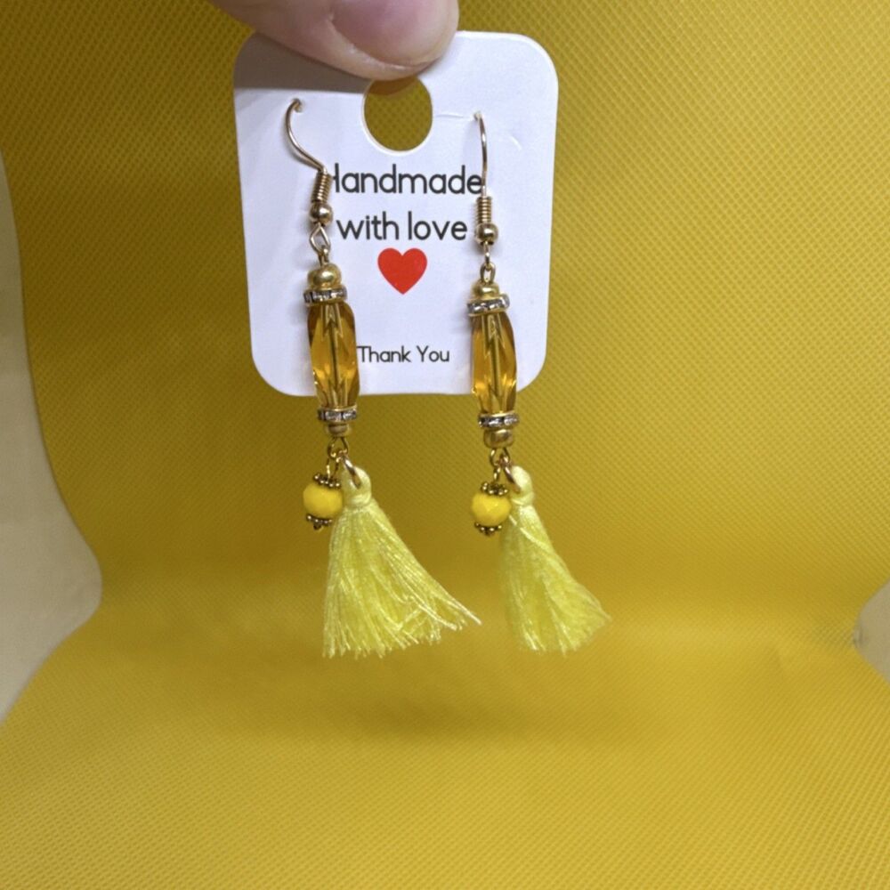 Yellow Tassel Beaded Glass Dangle Earrings Hook Closure Handcrafted